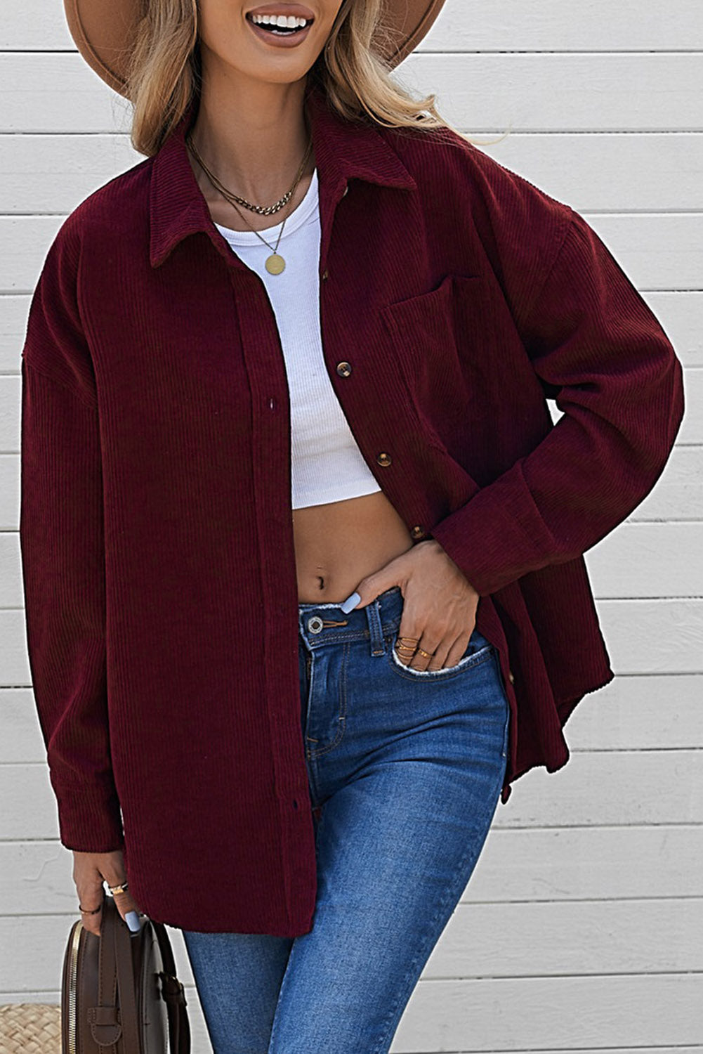 Pink Corduroy Button Pocket Shirt