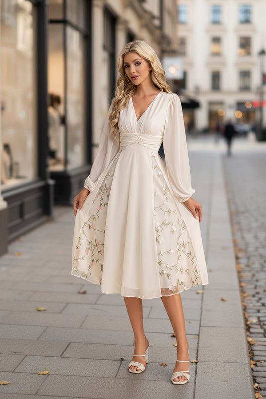 Floral Long Sleeve V-Neck Pleated Midi Dress – High Waist Flared Hem