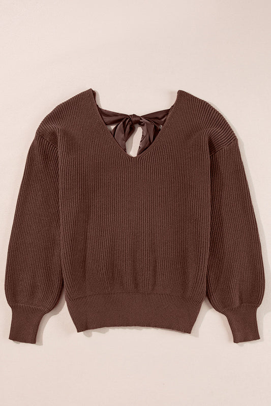 Coffee Lantern Sleeve V Neck Knot Back Sweater