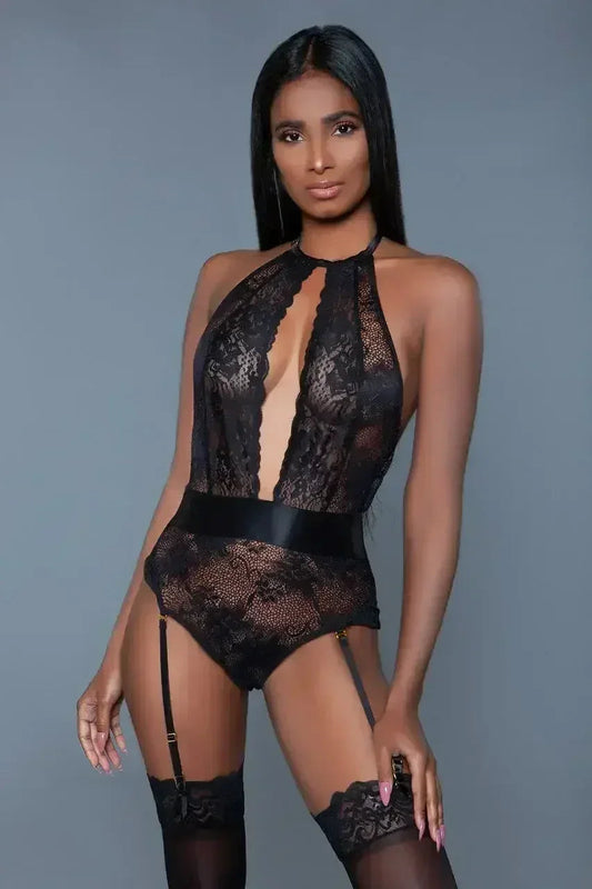 Satin Halter Bodysuit with Detachable Suspenders - Femstylo