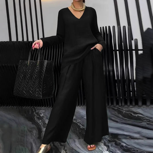 Solid Color Long Sleeve Top & Pants Two-Piece Travel Set