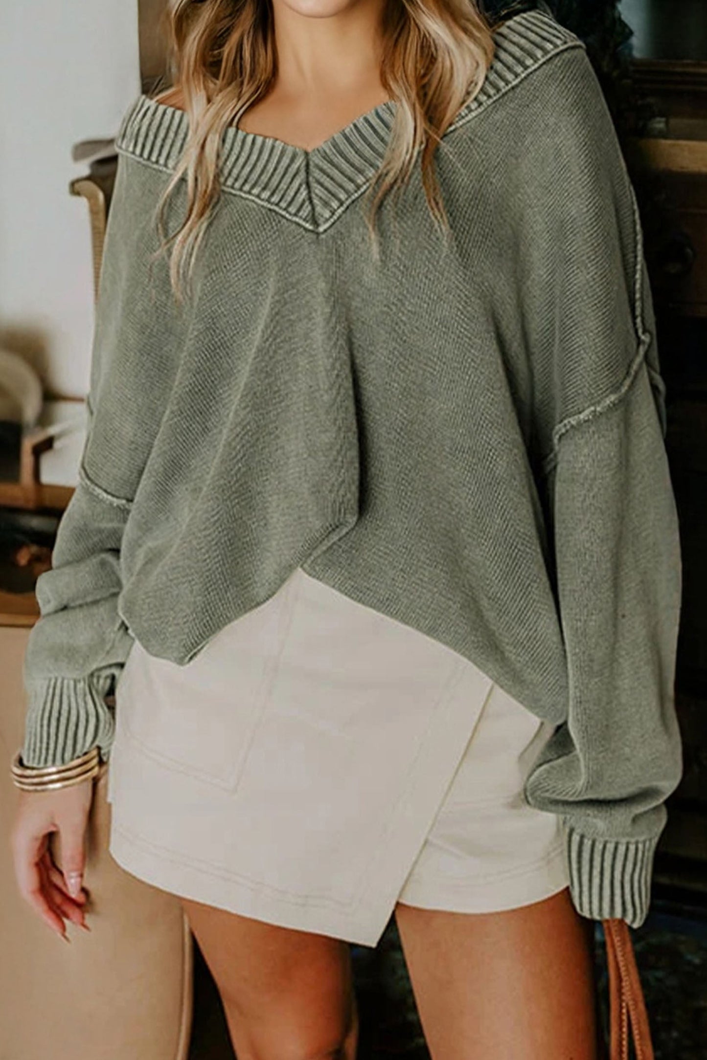 Four Leaf Clover Mineral Wash V Neck Knit Exposed Seam Drop Shoulder Loose Sweater