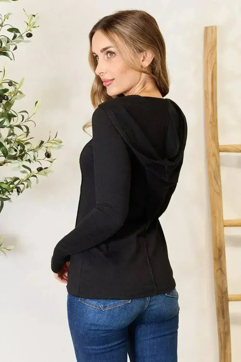 Black Exposed Seam Hoodie - Edgy Long Sleeve Design | Femstylo