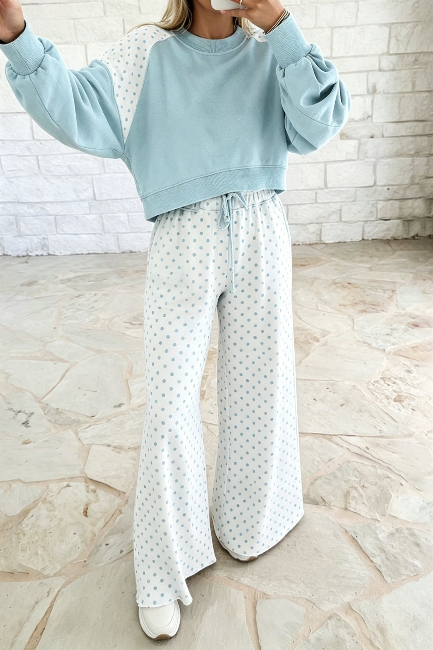 Green Polka Dot Patchwork Colorblock Long Sleeve Casual Two Piece Pants Set