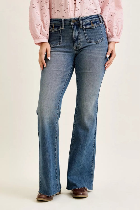 Judy Blue Mid Rise Flare Jeans with Front Flap Pockets