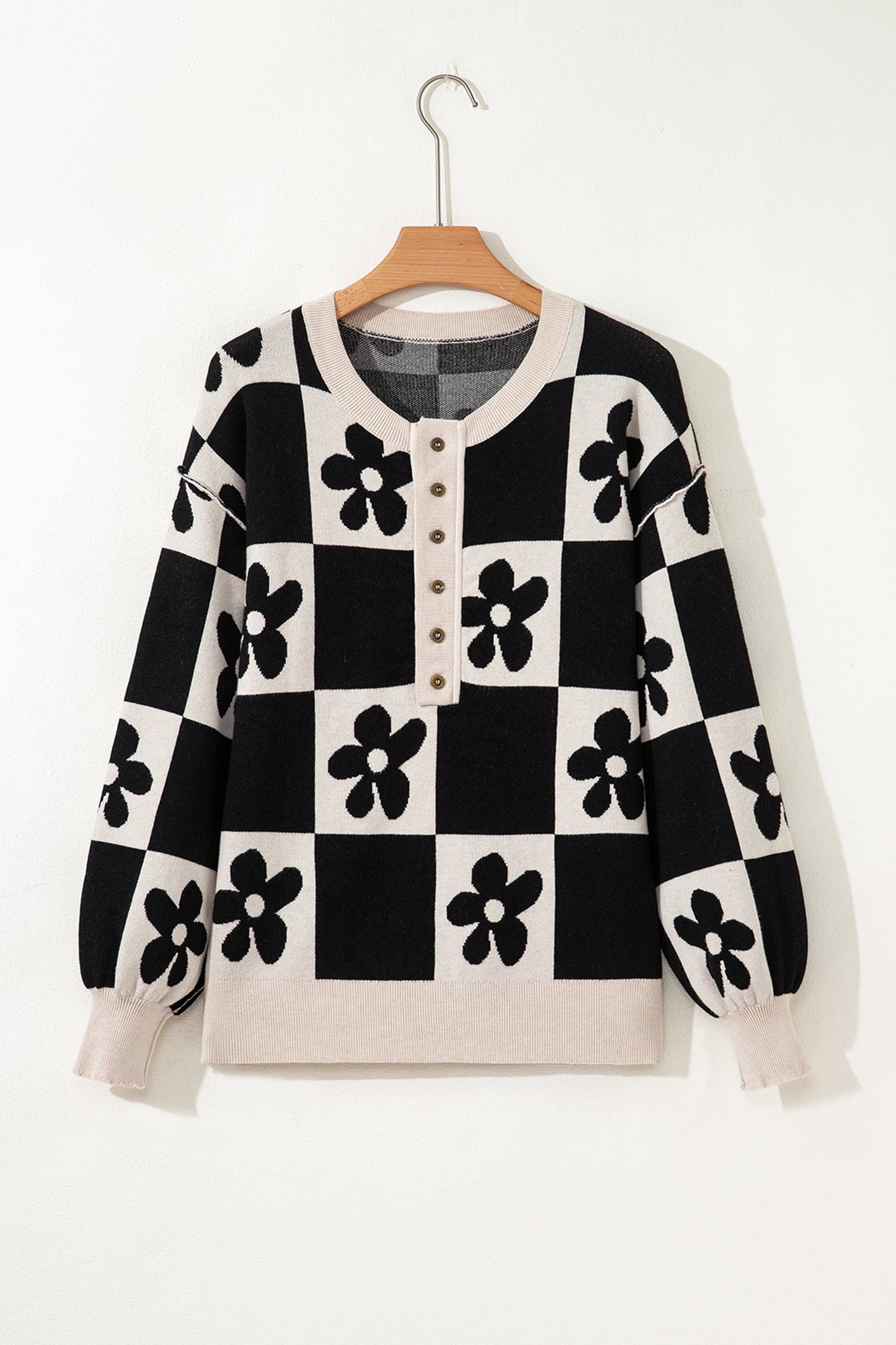 Black Flower Plaid Henley Baggy Sweater