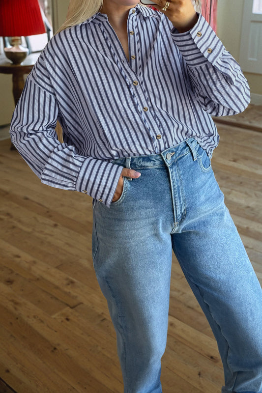 Blue Stripe Button Down Long Sleeve Loose Shirt