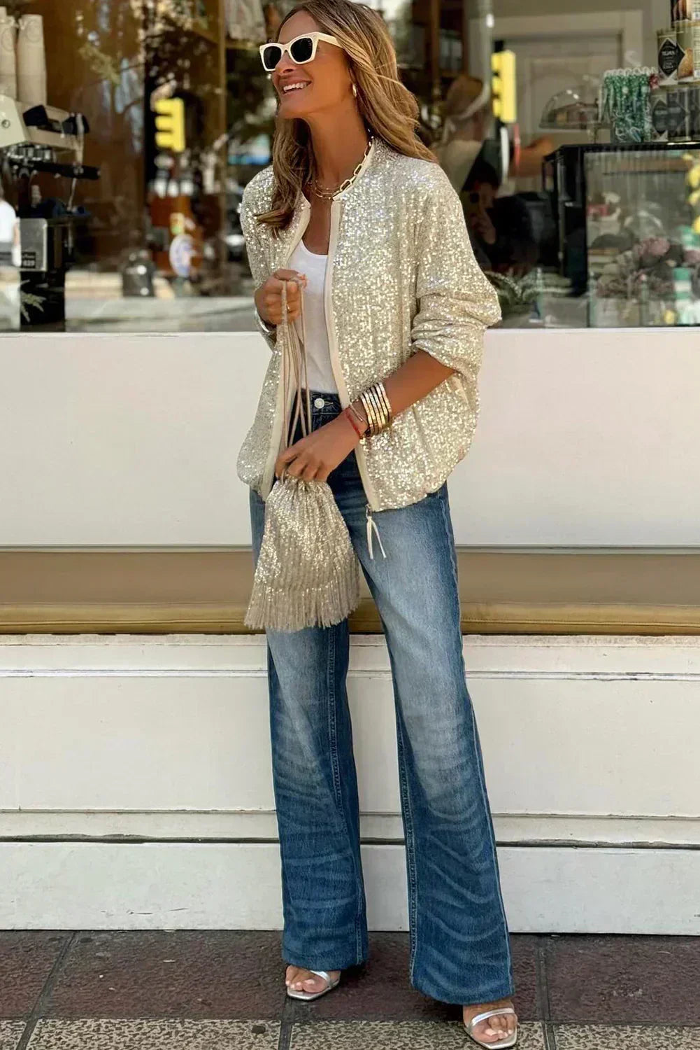Apricot Sequin Zipper Jacket – Subtle Sparkle | Femstylo