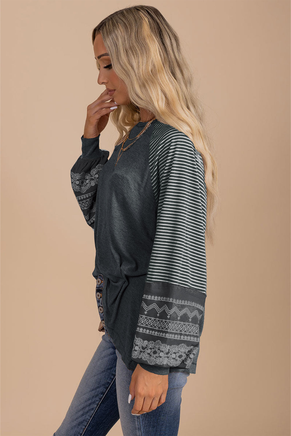 Tillandsia Purple Contrast Print Striped Raglan Long Sleeve Loose Top