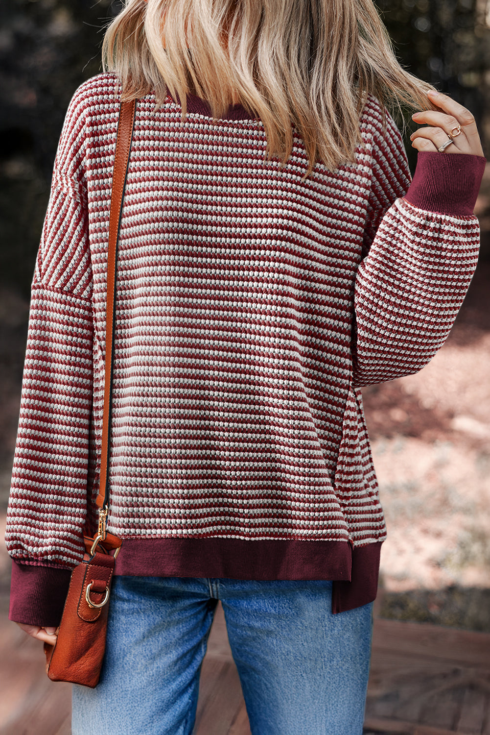 Black Stripe Ribbed Trim Drop Shoulder Long Sleeve Oversized Top