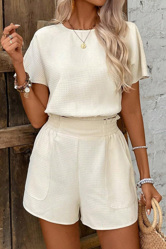 Beige Solid Textured Top and Shorts Set