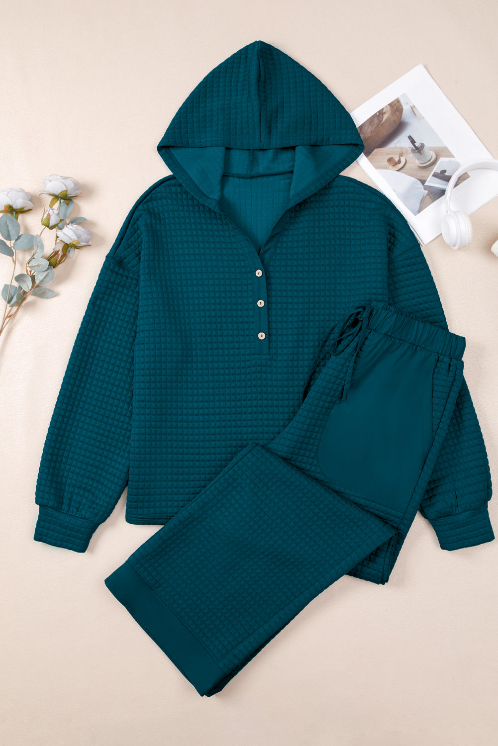 Skobeloff Checkered Texture Hooded Top and Loose Pants Set
