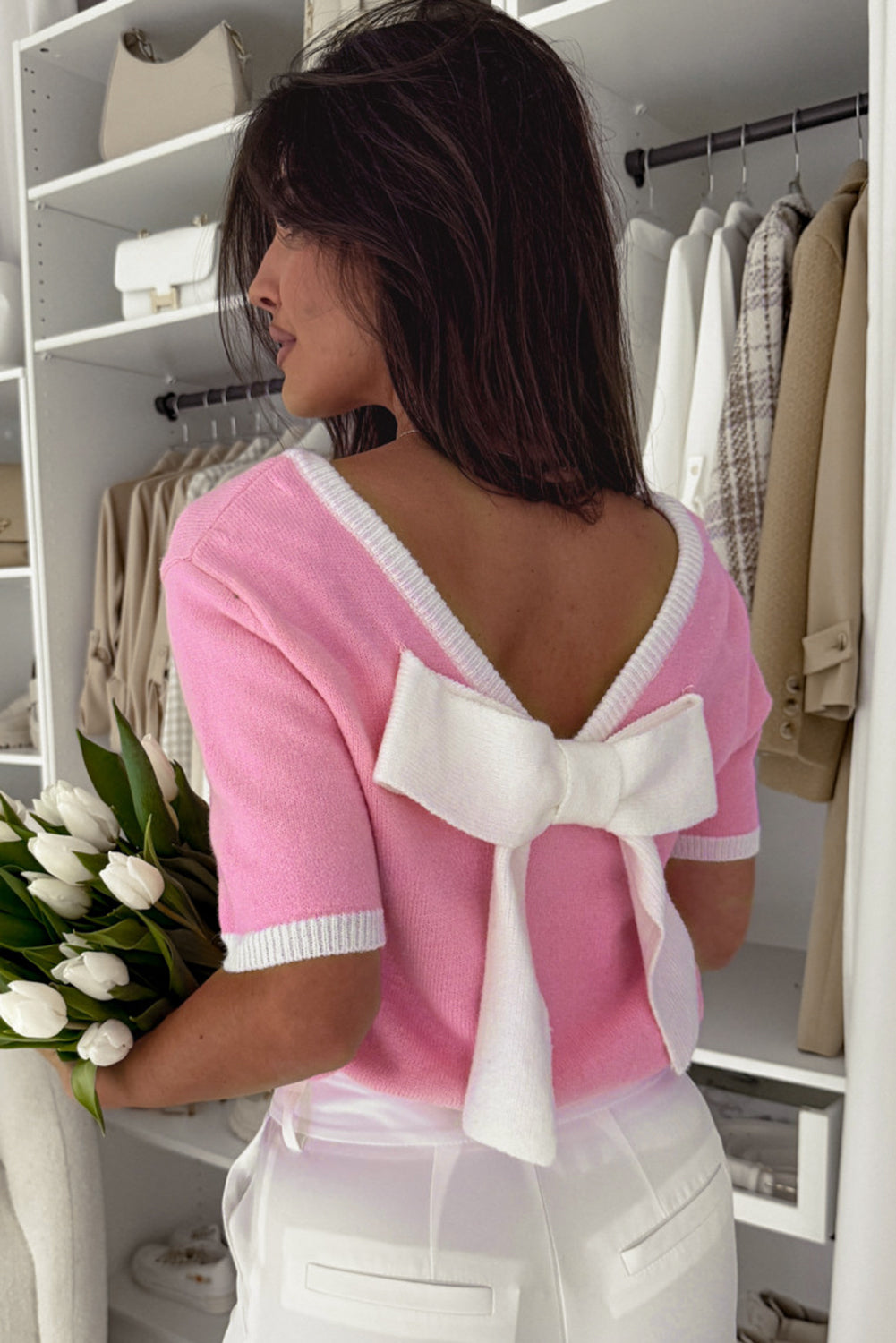 Bonbon Colorblock Bow V-Shape Cut Back Short Sleeve Sweater