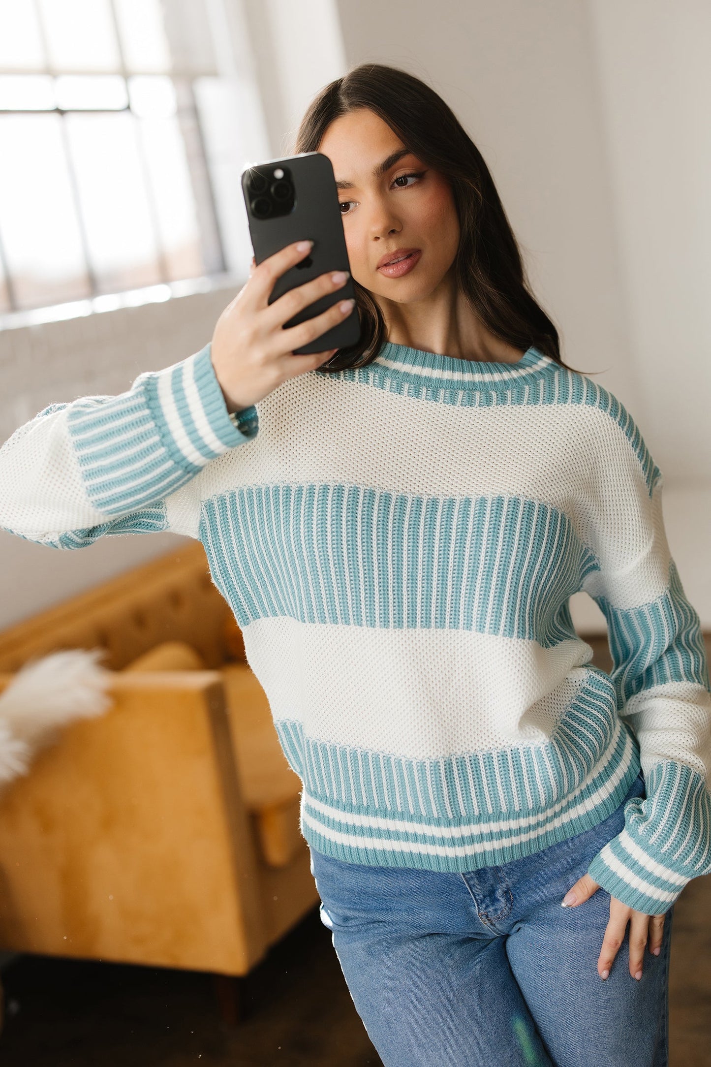 Khaki Two Tone Striped Patchwork Drop Shoulder Loose Sweater