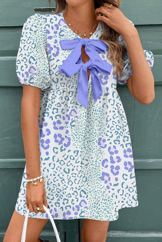 Sky Blue Leopard Bow Front Puff Sleeve Mini Dress