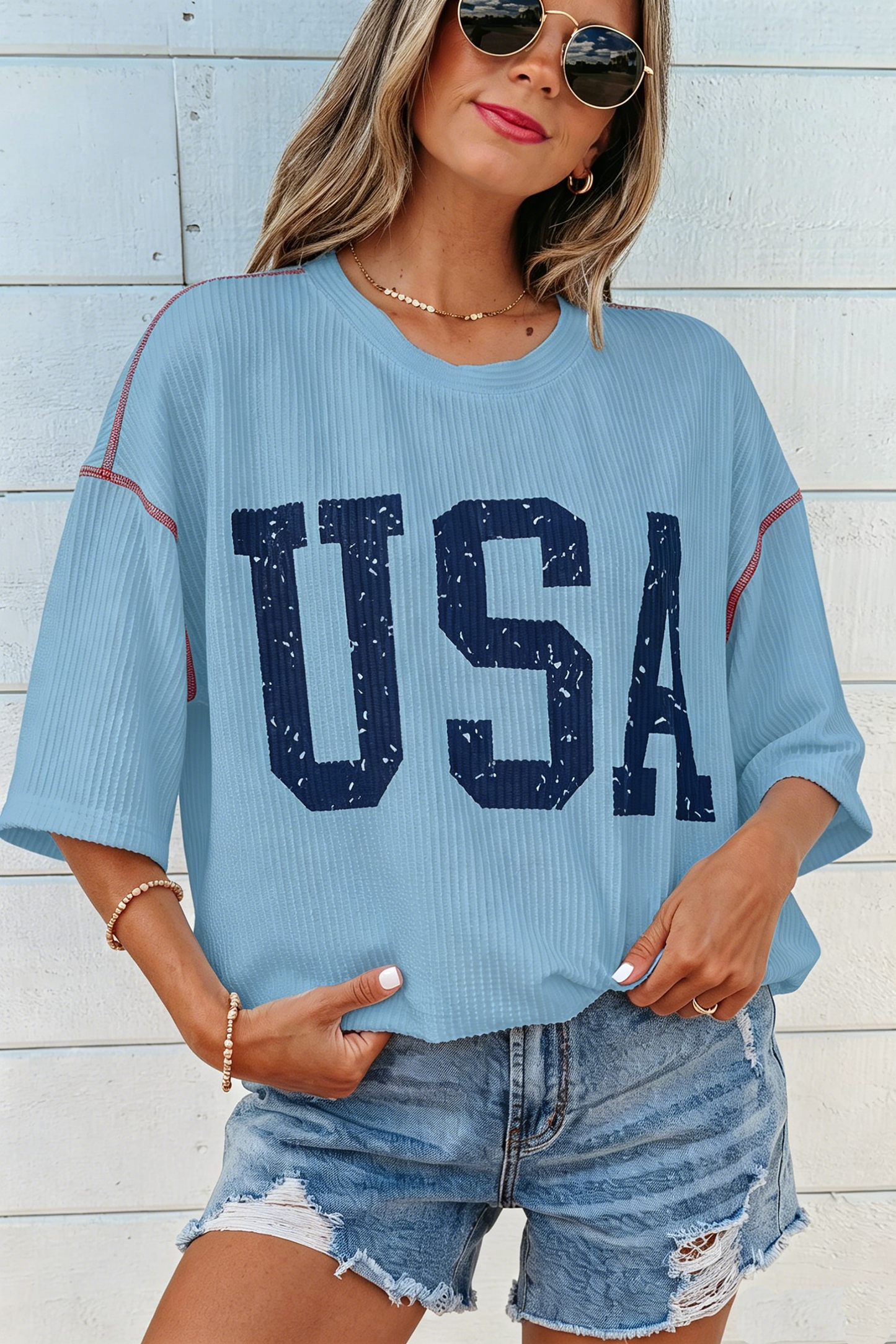 White USA Graphic Half Sleeve Loose Ribbed Top