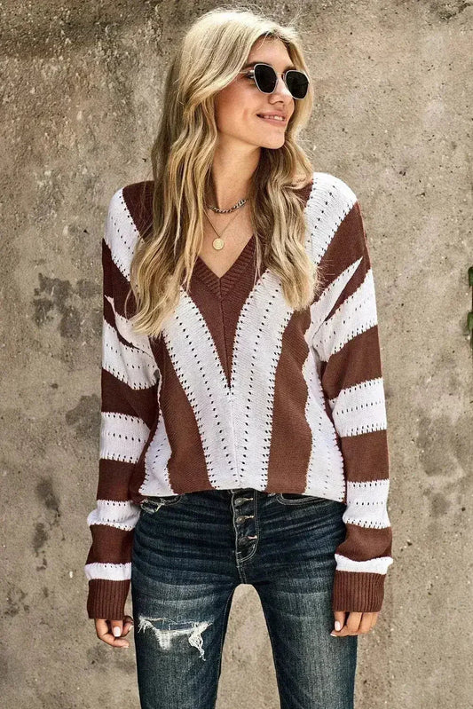 Fashion Brown Striped Colorblock V Neck Knitted Sweater