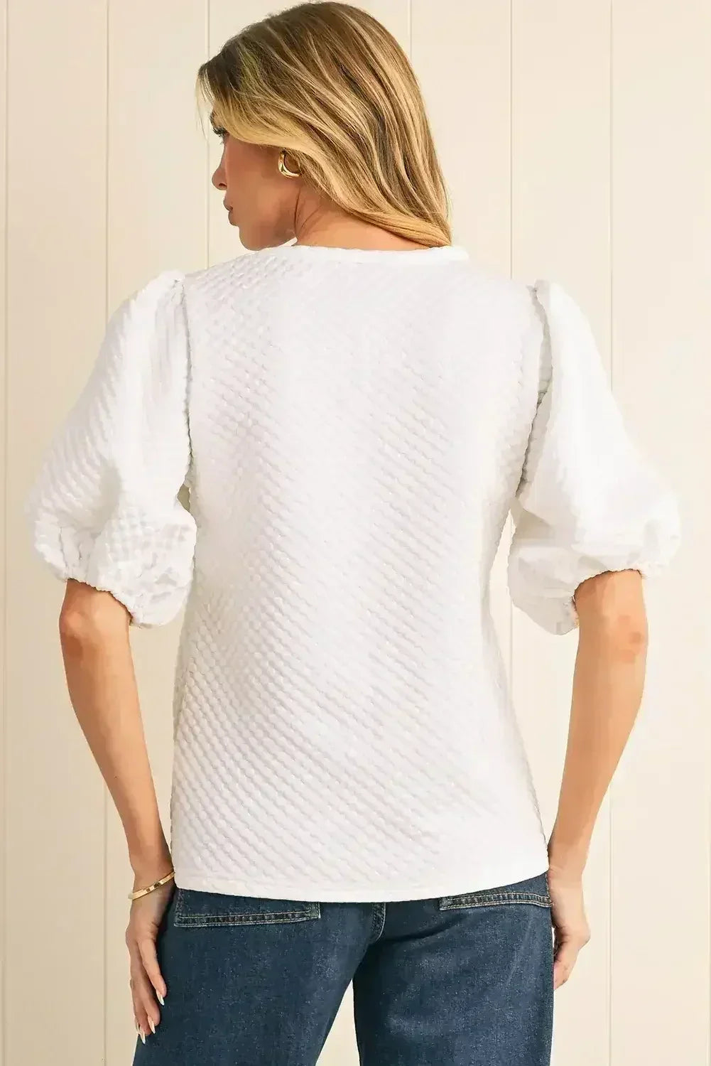 Phalaenopsis Solid Textured O Neck Puff Sleeve Blouse | Femstylo