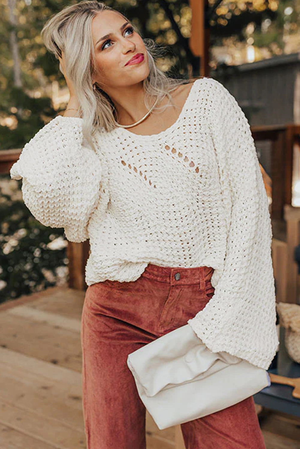 Camel Hollowed Detail Wide Sleeve Loose Pullover Sweater