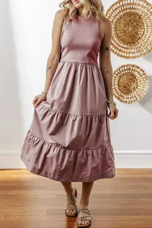 Sepia Rose Ribbed Vest Patchwork Tiered Midi Dress