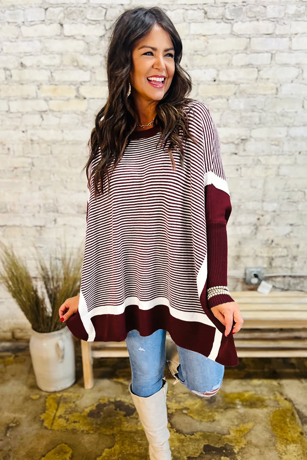 Green Stripe Color Block Patchwork Dolman Oversize Tunic Sweater