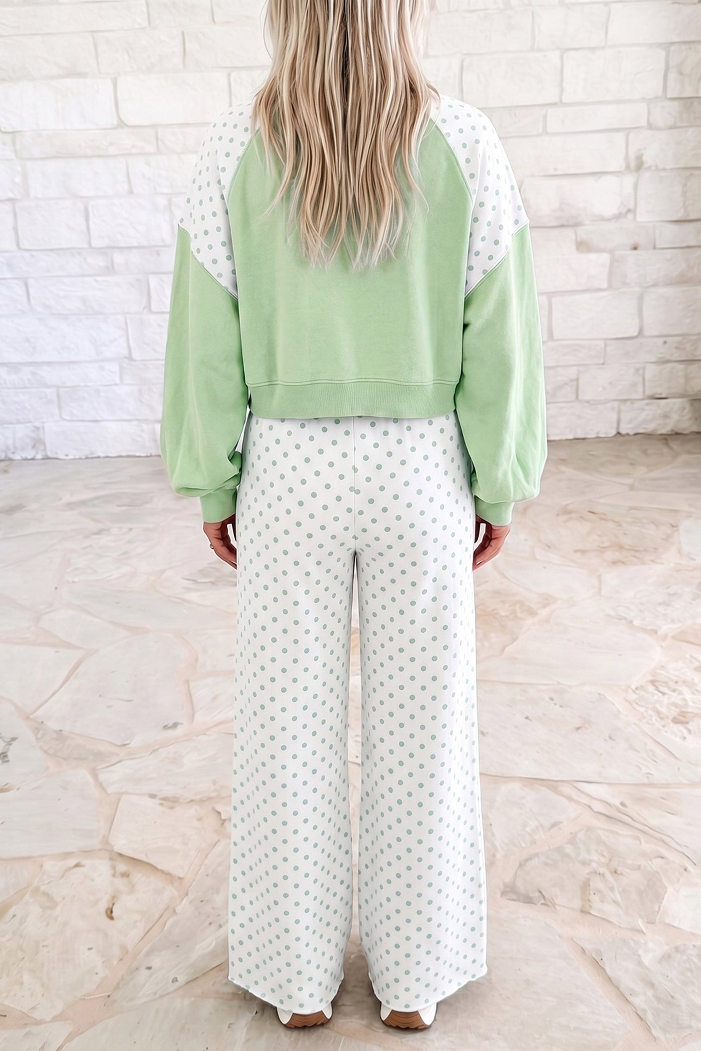 Green Polka Dot Patchwork Colorblock Long Sleeve Casual Two Piece Pants Set