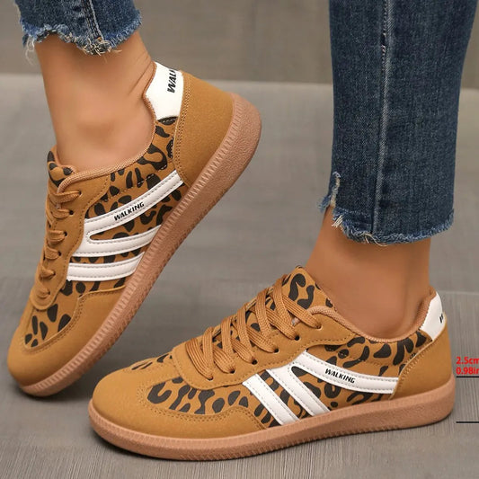 Leopard Print Round Toe Lace-Up Sneakers – PU Casual Flats