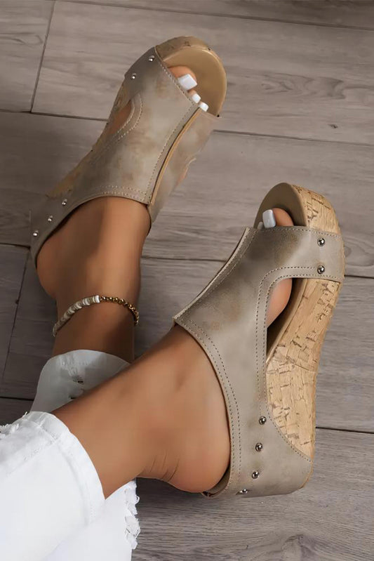 Chestnut Hollow Out Studded PU Leather Wedge Slippers