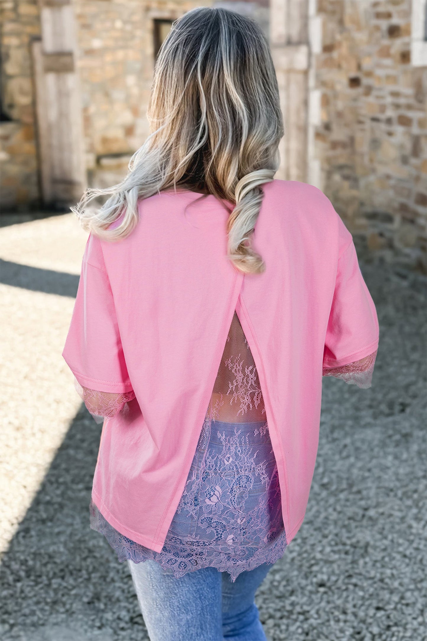 Pink Eyelash Floral Lace Patchwork Half Sleeve Oversize Tee