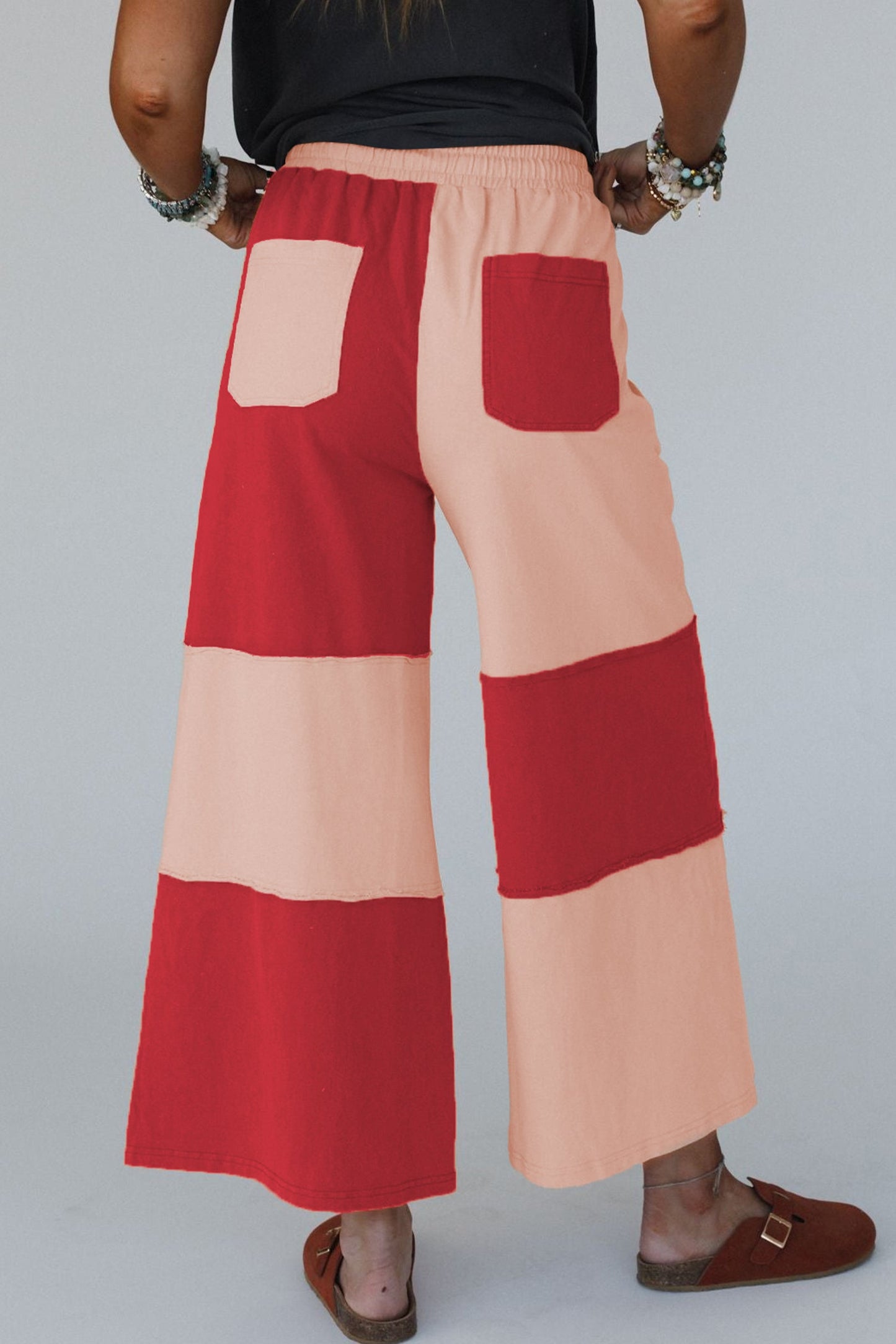 Russet Orange Raw Seam Colorblock Wide Leg Ankle Length Casual Pants