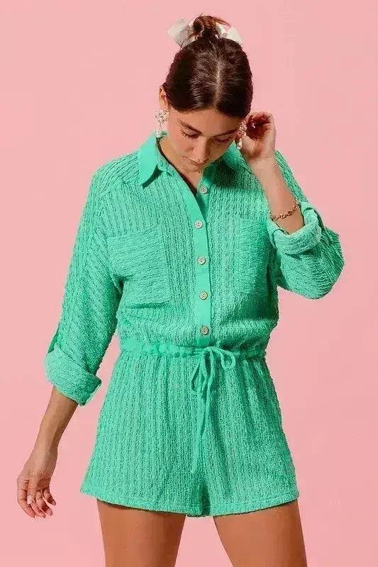 SO ME Textured Knit Button Front Romper