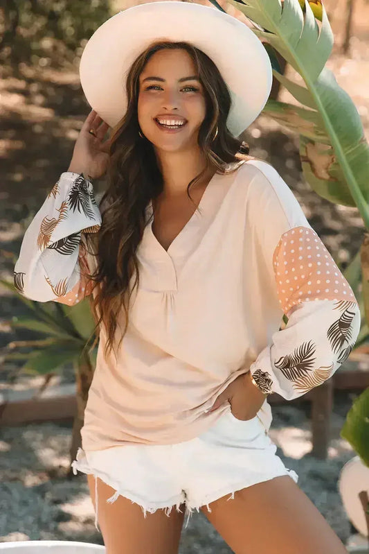 Puff Sleeve Patchwork Blouse - Tropical Print Top | Femstylo