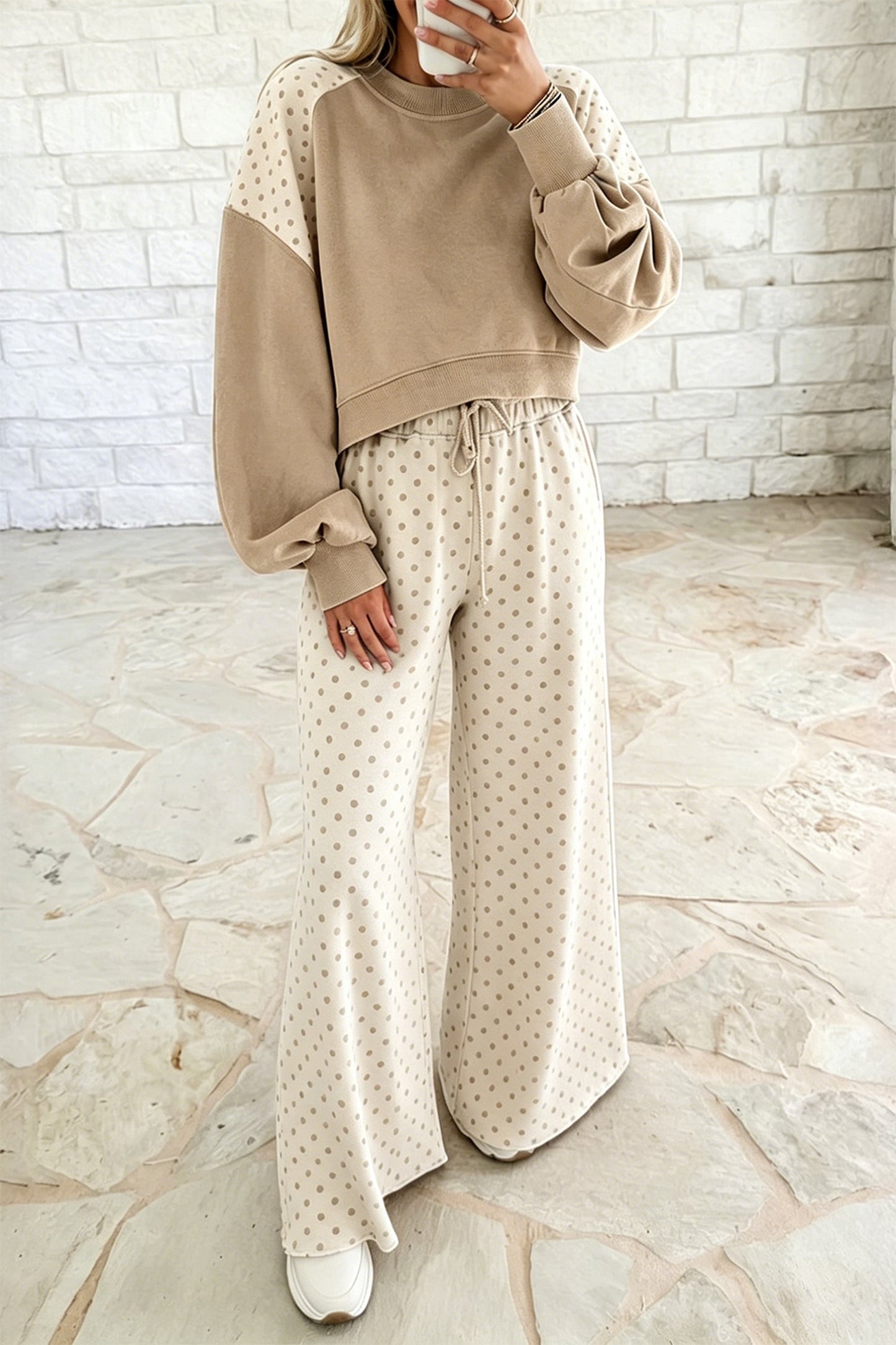 Green Polka Dot Patchwork Colorblock Long Sleeve Casual Two Piece Pants Set