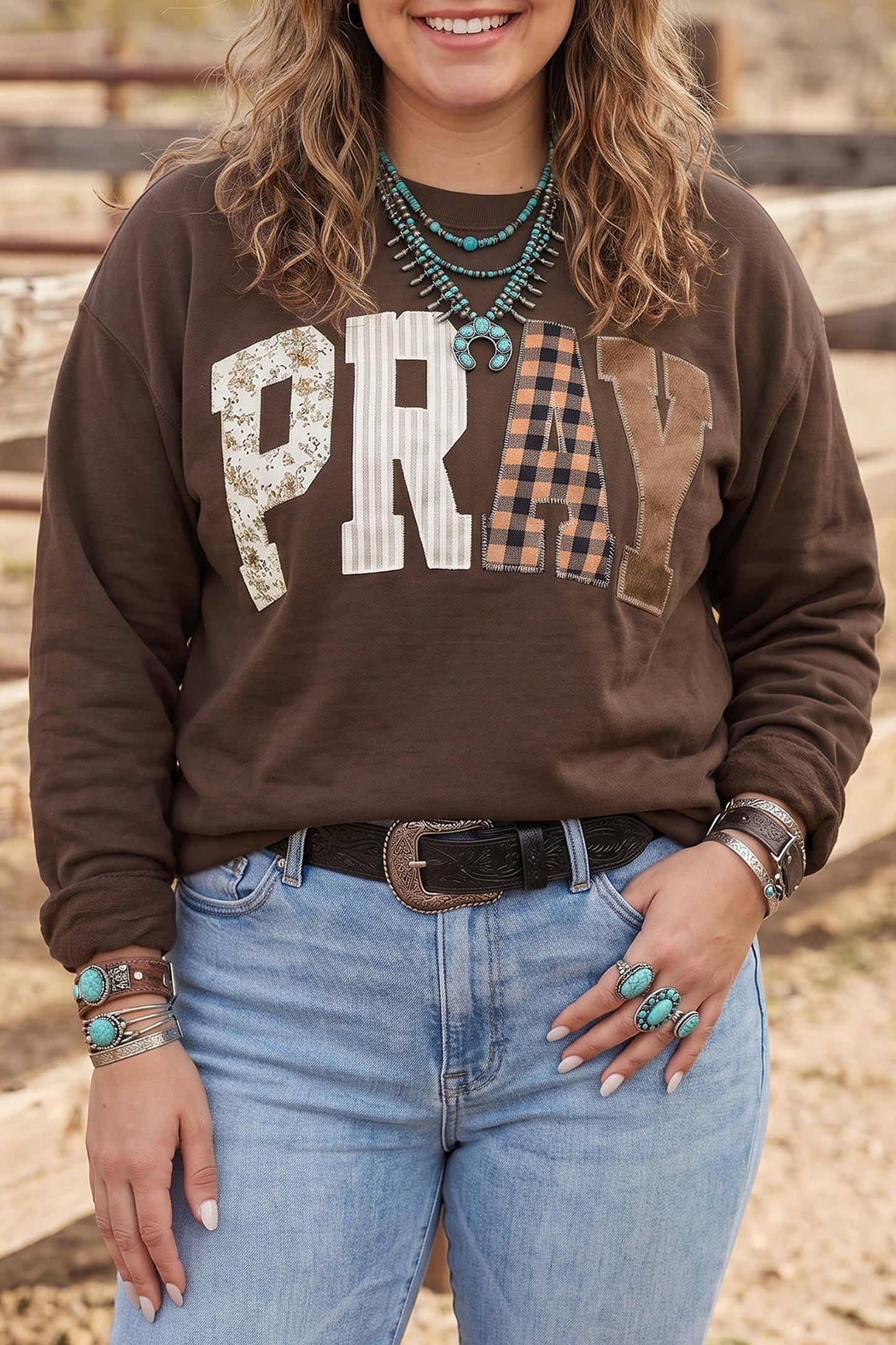 Coffee PRAY Letter Patchwork Round Neck Long Sleeve Plus Size Sweatshirt