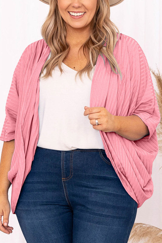 Pink Pink Pink Shimmer Ribbed Texture Plus Size Cardigan