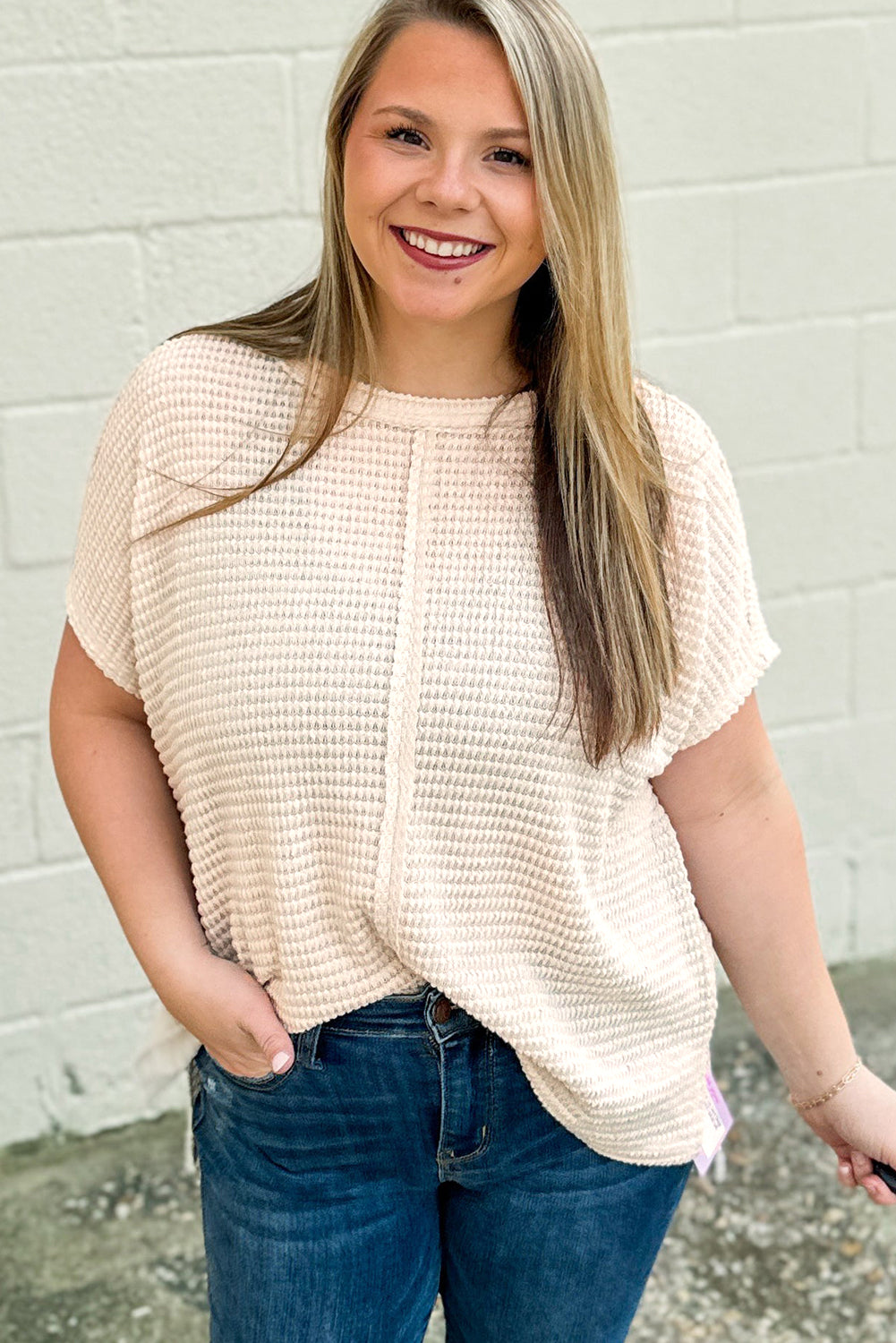 Beige Waffle Exposed Seam Detail Plus Size Short Sleeve Top