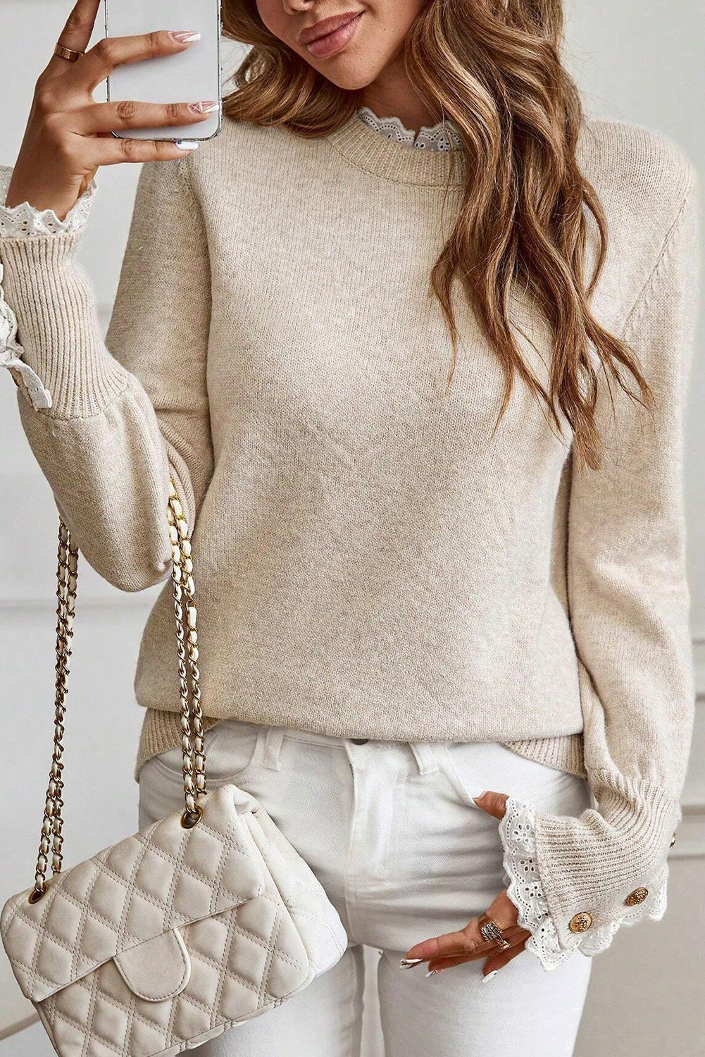 Racing Red Lace Trim Patchwork Buttoned Cuffs Loose Sweater