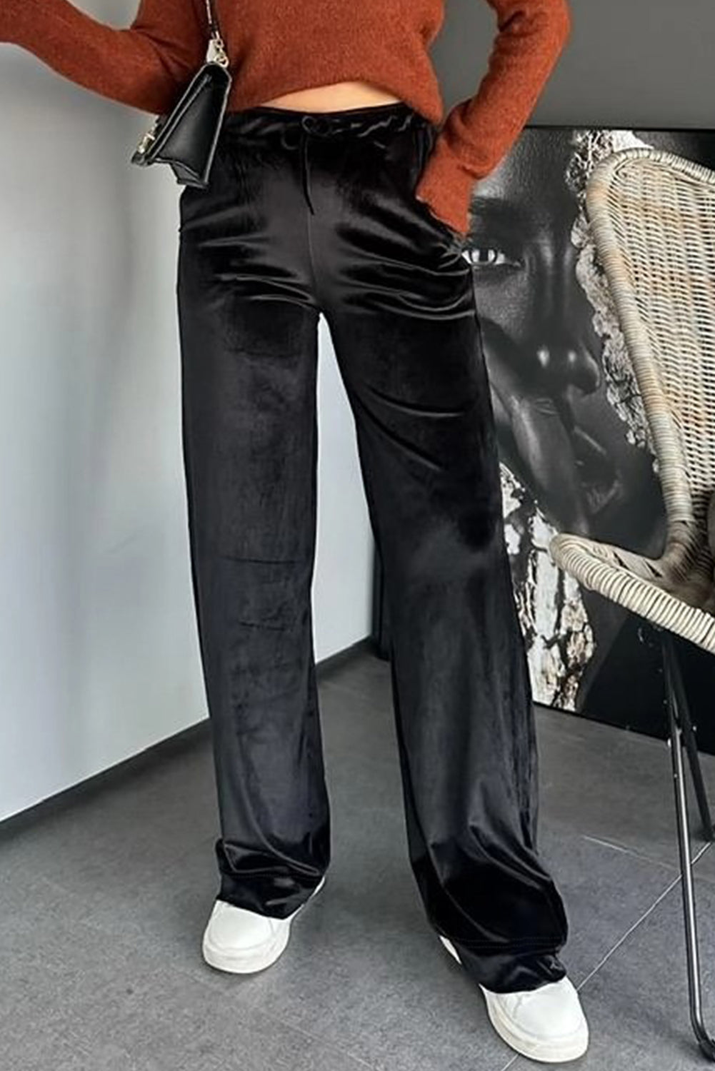 Black Shiny Velvet Drawstring High Waist Straight Leg Casual Pants