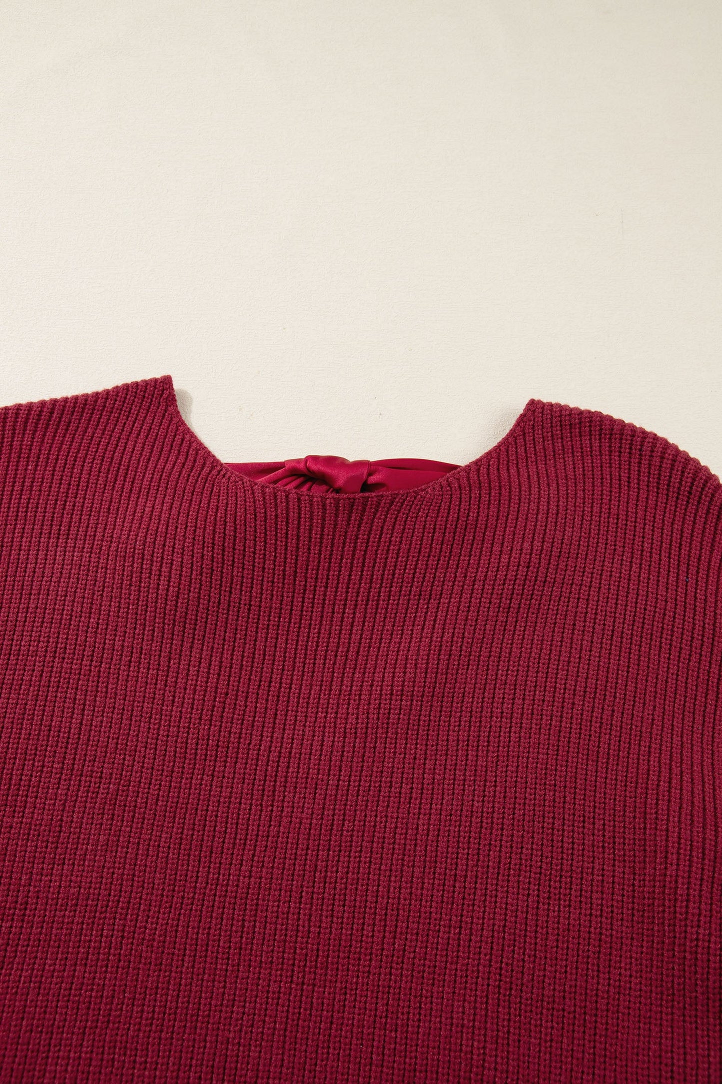 Jet Stream Ribbed Knit Ribbon Knot Backless Drop Shoulder Sweater