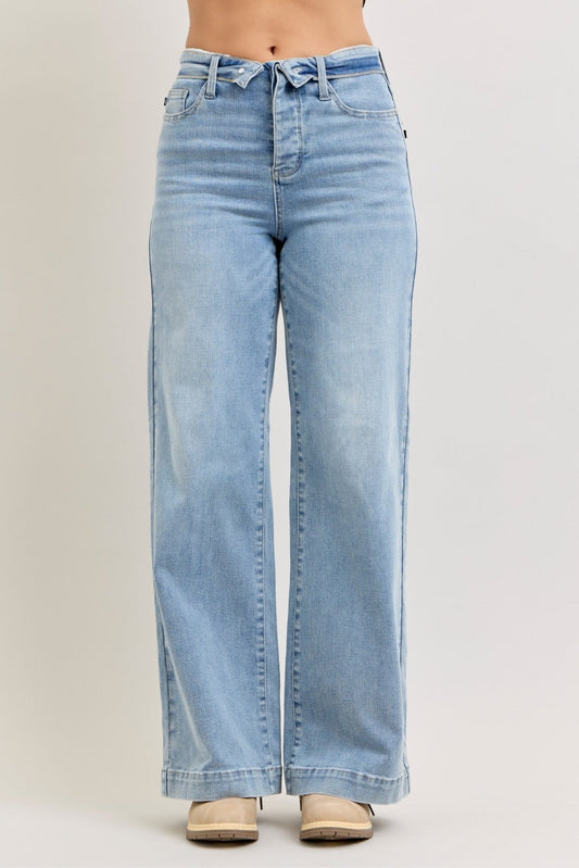 Judy Blue Mid Rise Retro Wide Leg Jeans with Fold-over Waistband