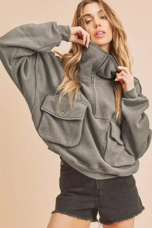 Aemi + Co Exposed Seam Half Zip Sweatshirt with Pockets