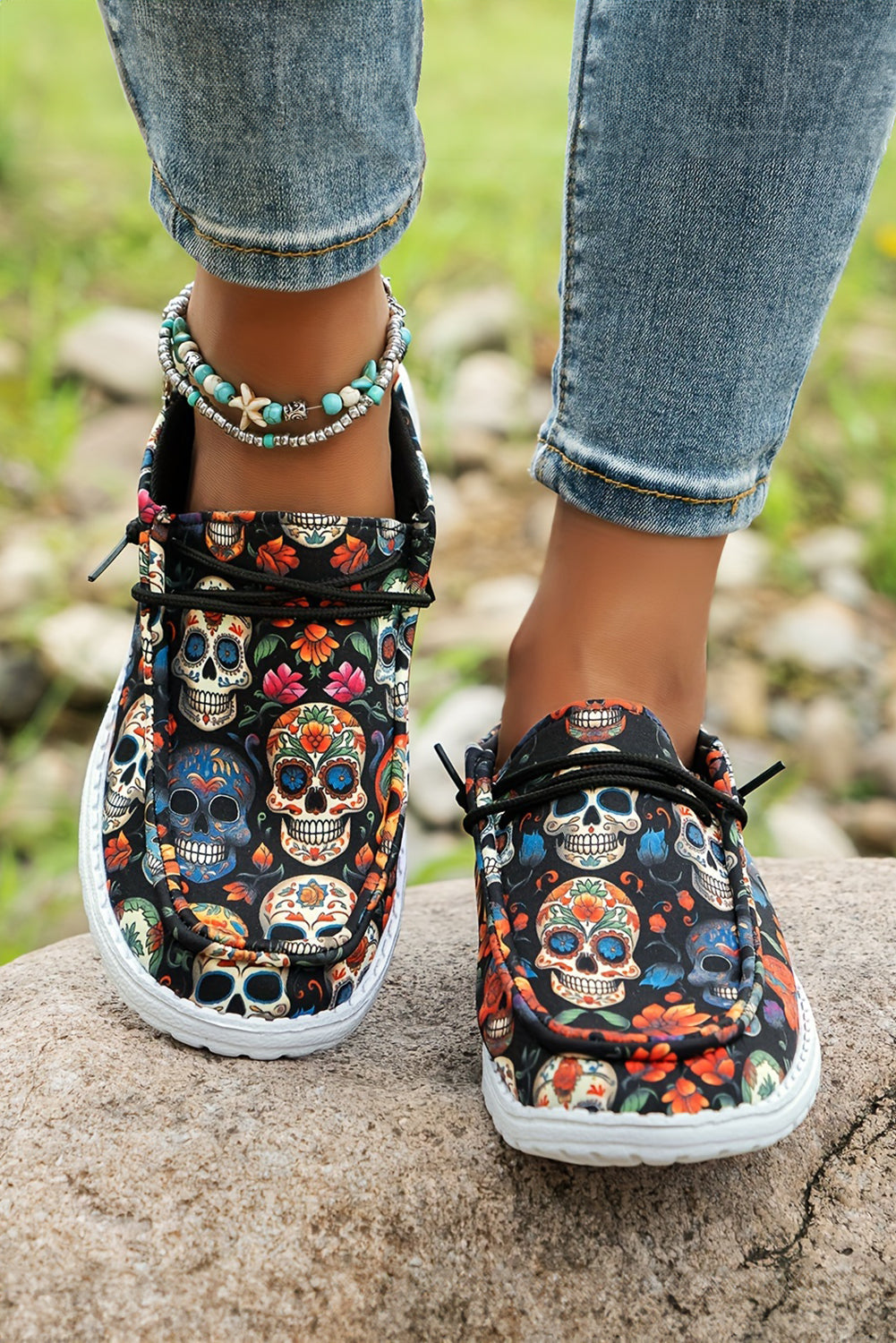 Dark Blue Halloween Skull Print Lace Up Casual Shoes
