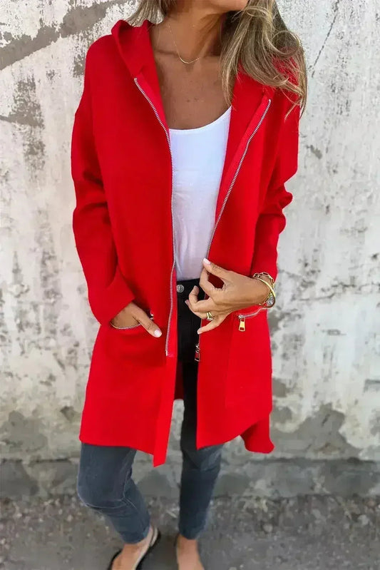 Red Zip-Up Hooded Coat - Minimalist Casual Jacket - Streetwear Essential