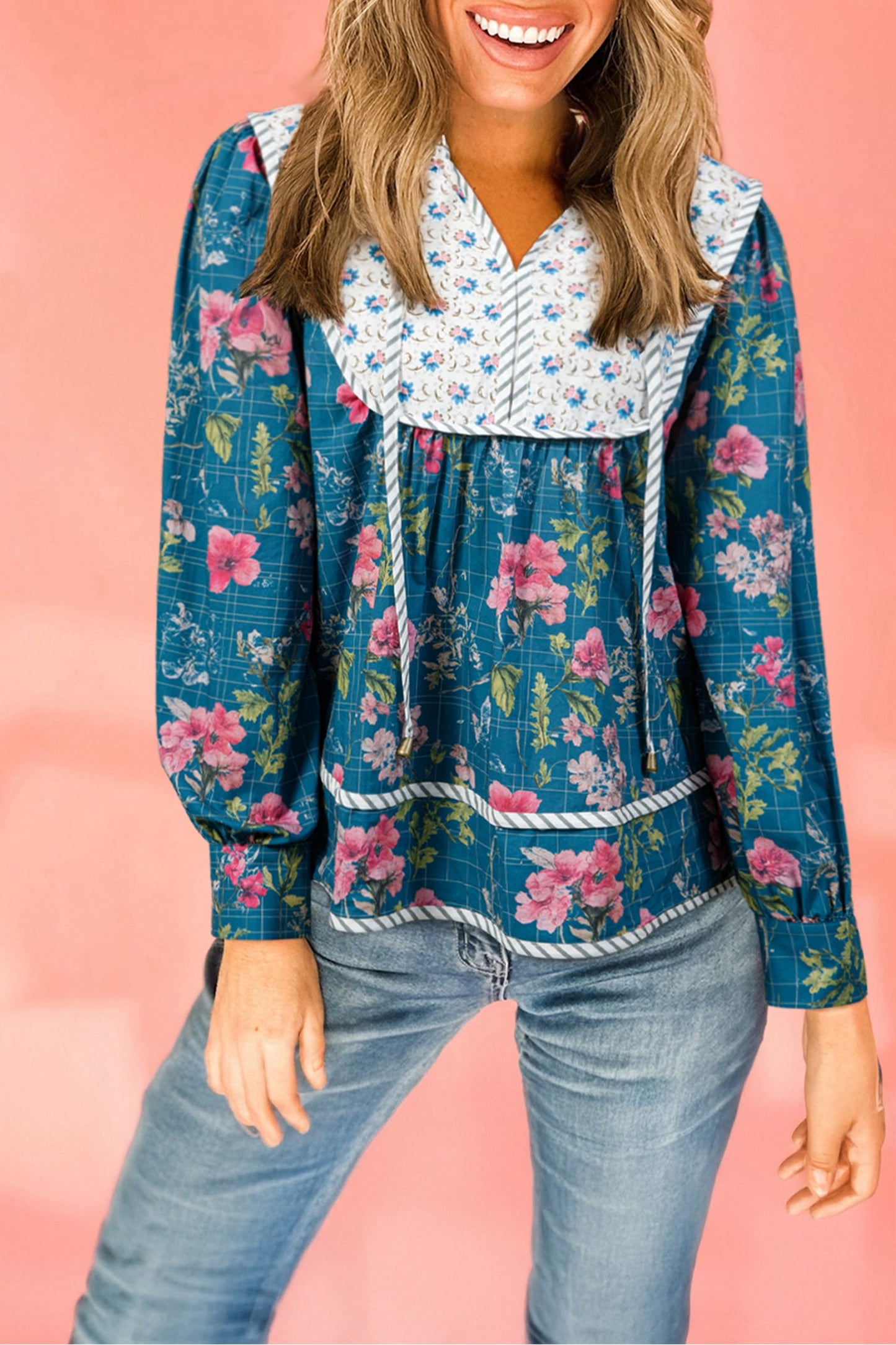 Sky Blue Floral Print Contrast Yoke Patchwork Striped Trim Long Puff Sleeve Blouse