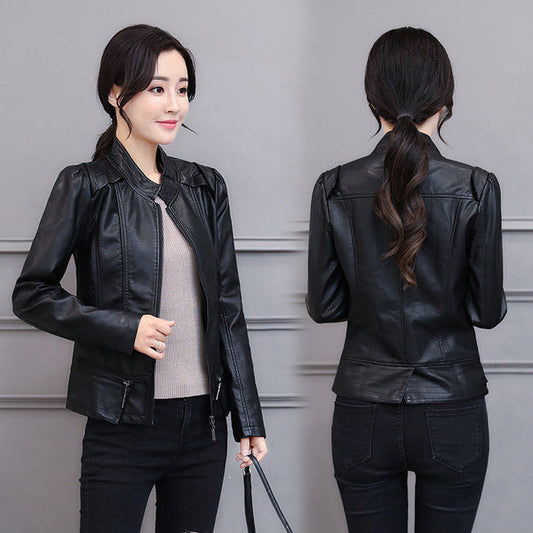 Korean-Style Slim Fit Motorcycle Leather Coat — Stand-Up Collar