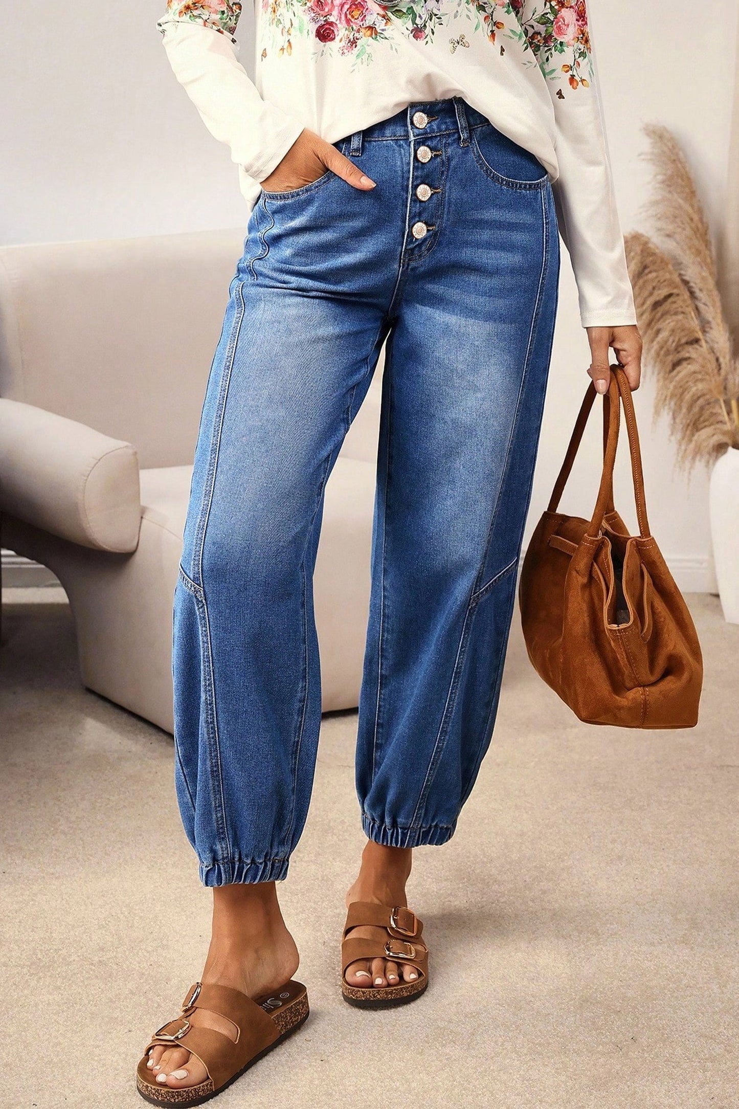 Blue 4 Buttons Front Tapered Casual Loose Fit Jeans