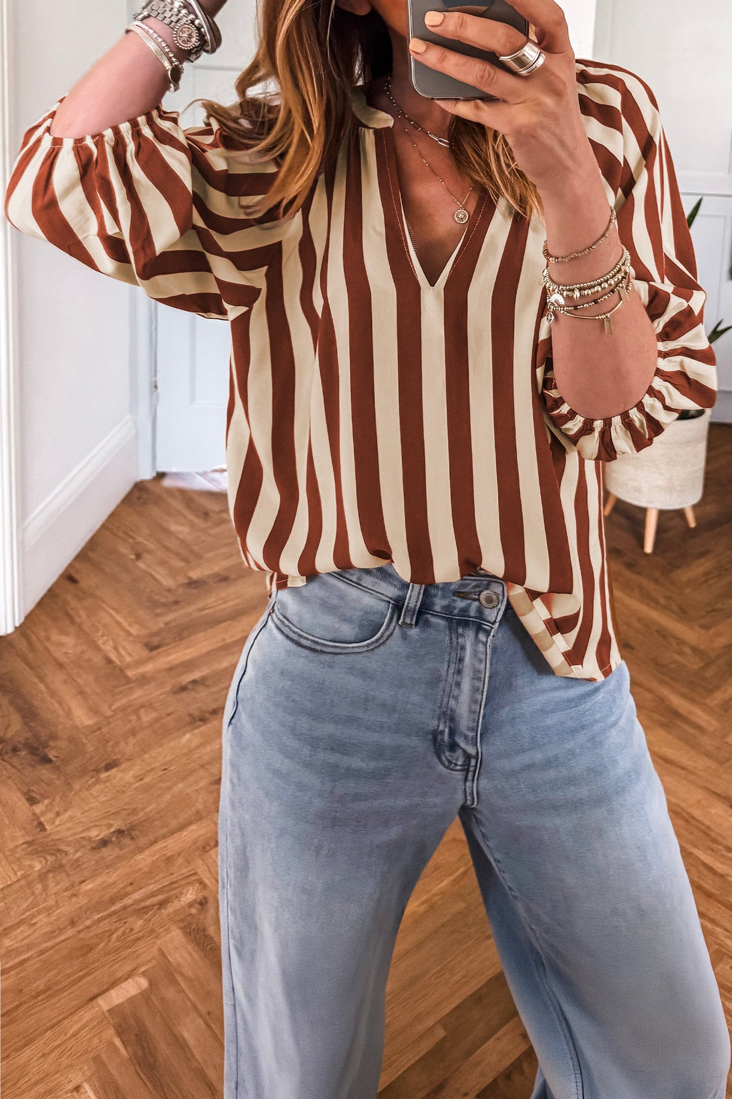 Brown Stripe V Neck Half Sleeve Casual Blouse