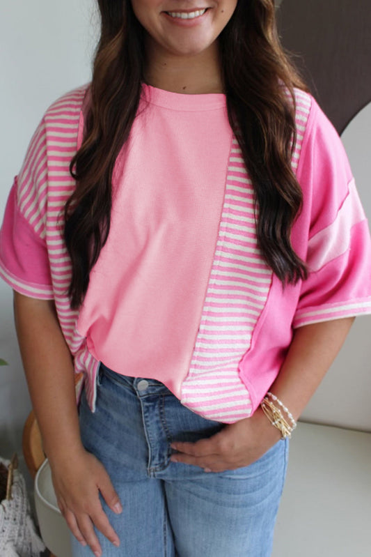 Pink Stripe Waffle Patchwork Loose T-Shirt