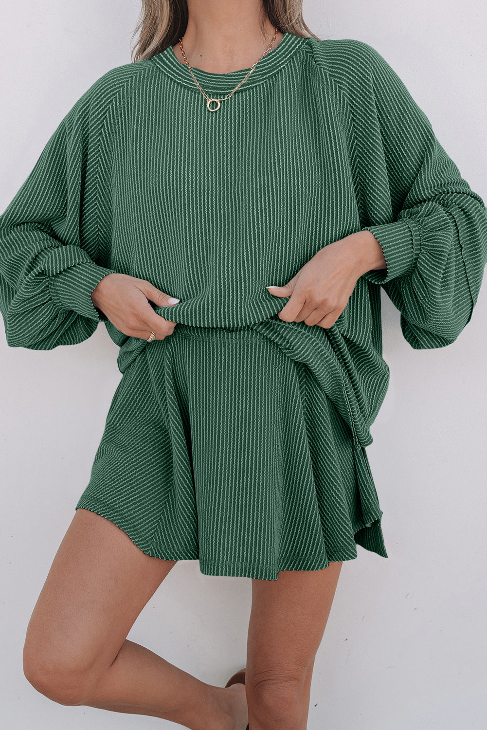 Jet Stream Corded Lantern Sleeve Top High Waist Ruffled Mini Skirt Set