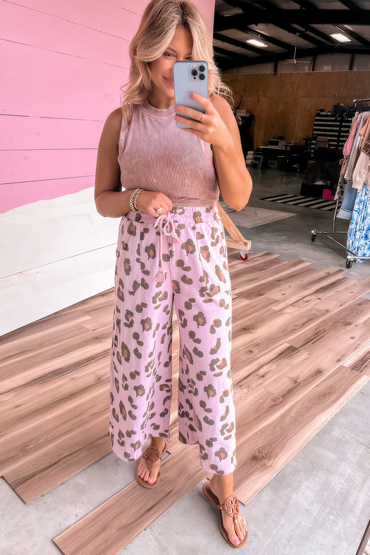 Beige Drawstring Leopard Print Patch Pocket Loose Pants